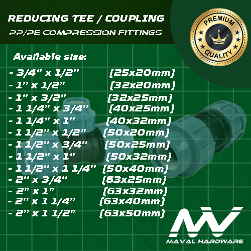 PE / PP Compression Fittings - Reducing Tee, Reducing Coupling 1/2" up to 2" (20mm up to 63mm)