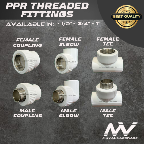 PPR Threaded Fittings: Male & Female Elbow / Male & Female Coupling / Male & Female Tee, 1/2'', 3/4'', 1''