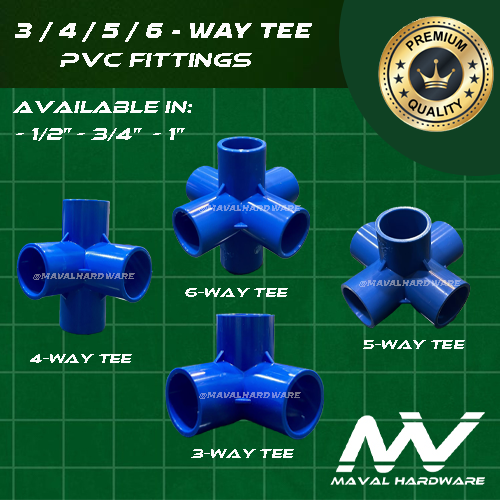PVC Blue Fittings: 3-Way, 4-Way, 5-Way, 6-Way Tee; 1/2" (20mm) , 3/4" (25mm), 1" (32mm)