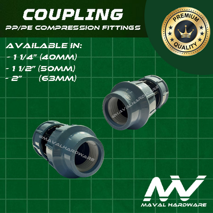 PE/PP Compression Fittings - Elbow, Coupling, Tee, Ball Valve, End Cap, Adaptors 1 1/4", 1 1/2", 2"