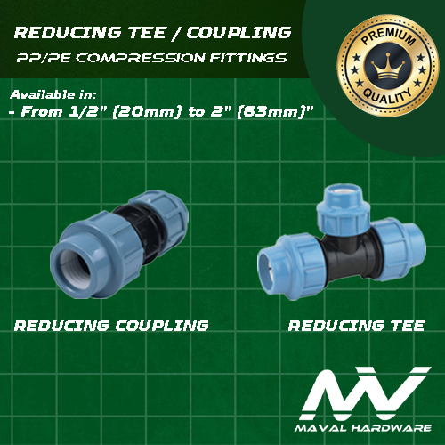 PE / PP Compression Fittings - Reducing Tee, Reducing Coupling 1/2" up to 2" (20mm up to 63mm)