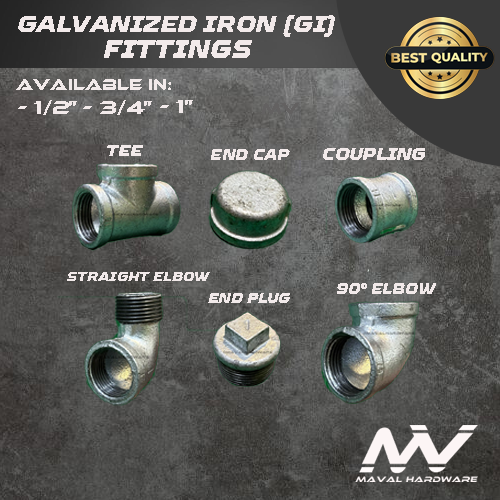 Galvanized Iron (GI) fittings - Coupling, Tee, 90° Elbow , Str. Elbow, End Cap, Plug -1/2"; 3/4"; 1"