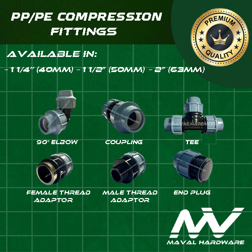 PE/PP Compression Fittings - Elbow, Coupling, Tee, Ball Valve, End Cap, Adaptors 1 1/4", 1 1/2", 2"