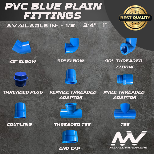 PVC Blue Fittings - Coupling, Tee, EIbow, End Cap, Plug, Threaded PVC Blue Fittings 1/2", 3/4", 1"