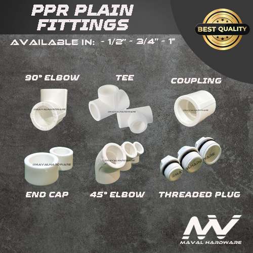 PPR Fittings Plain: ( 90°Elbow / Coupling / Tee / 45°Elbow / End Cap / Threaded Plug)