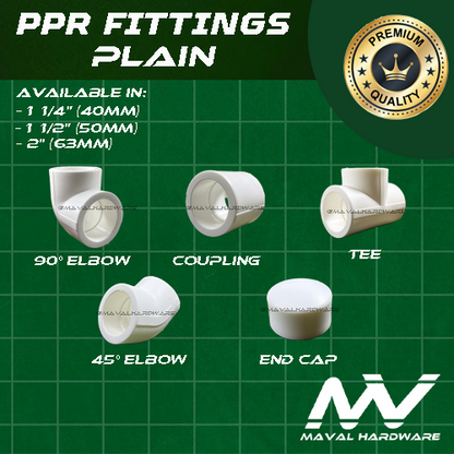 PPR Fittings Plain : Elbow / Coupling / Tee / End Cap / 1 1/4" (40mm); 1 1/2" (50mm); 2" (63mm)