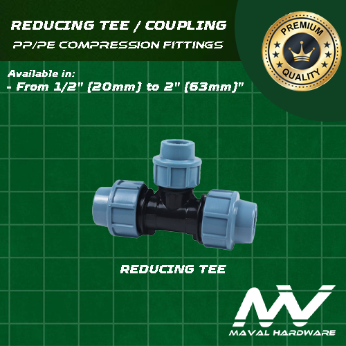 PE / PP Compression Fittings - Reducing Tee, Reducing Coupling 1/2" up to 2" (20mm up to 63mm)