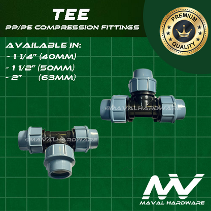 PE/PP Compression Fittings - Elbow, Coupling, Tee, Ball Valve, End Cap, Adaptors 1 1/4", 1 1/2", 2"