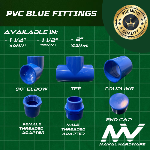 PVC Fittings - Coupling, Tee, EIbow, End Cap, Plug, Threaded PVC Blue Fittings 1 1/4", 1 1/2", 2"
