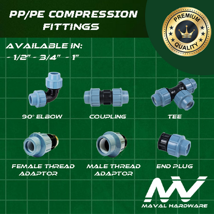 PE / PP Compression Fittings PN16 - Elbow, Coupling, Tee, Ball Valve, End Cap 1/2", 3/4", 1"