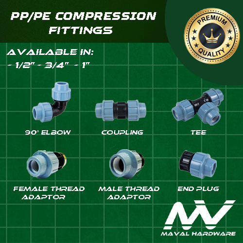 PE / PP Compression Fittings PN16 - Elbow, Coupling, Tee, Ball Valve, End Cap 1/2", 3/4", 1"