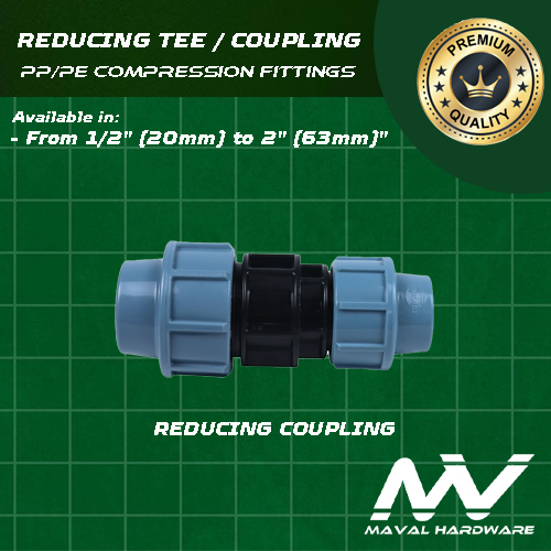 PE / PP Compression Fittings - Reducing Tee, Reducing Coupling 1/2" up to 2" (20mm up to 63mm)