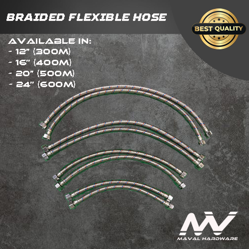 Stainless Steel High Quality 1/2" Braided Flexible Hose Lenght of 30cm, 40cm, 50cm & 60cm