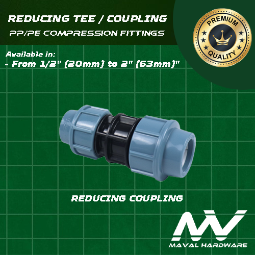 PE / PP Compression Fittings - Reducing Tee, Reducing Coupling 1/2