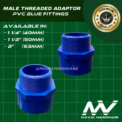 PVC Fittings - Coupling, Tee, EIbow, End Cap, Plug, Threaded PVC Blue Fittings 1 1/4", 1 1/2", 2"